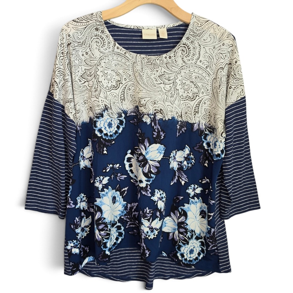 Chicos Tunic Top Womens Size 2 Large 12/14 Blue Stripe Paisley Floral Hi Low